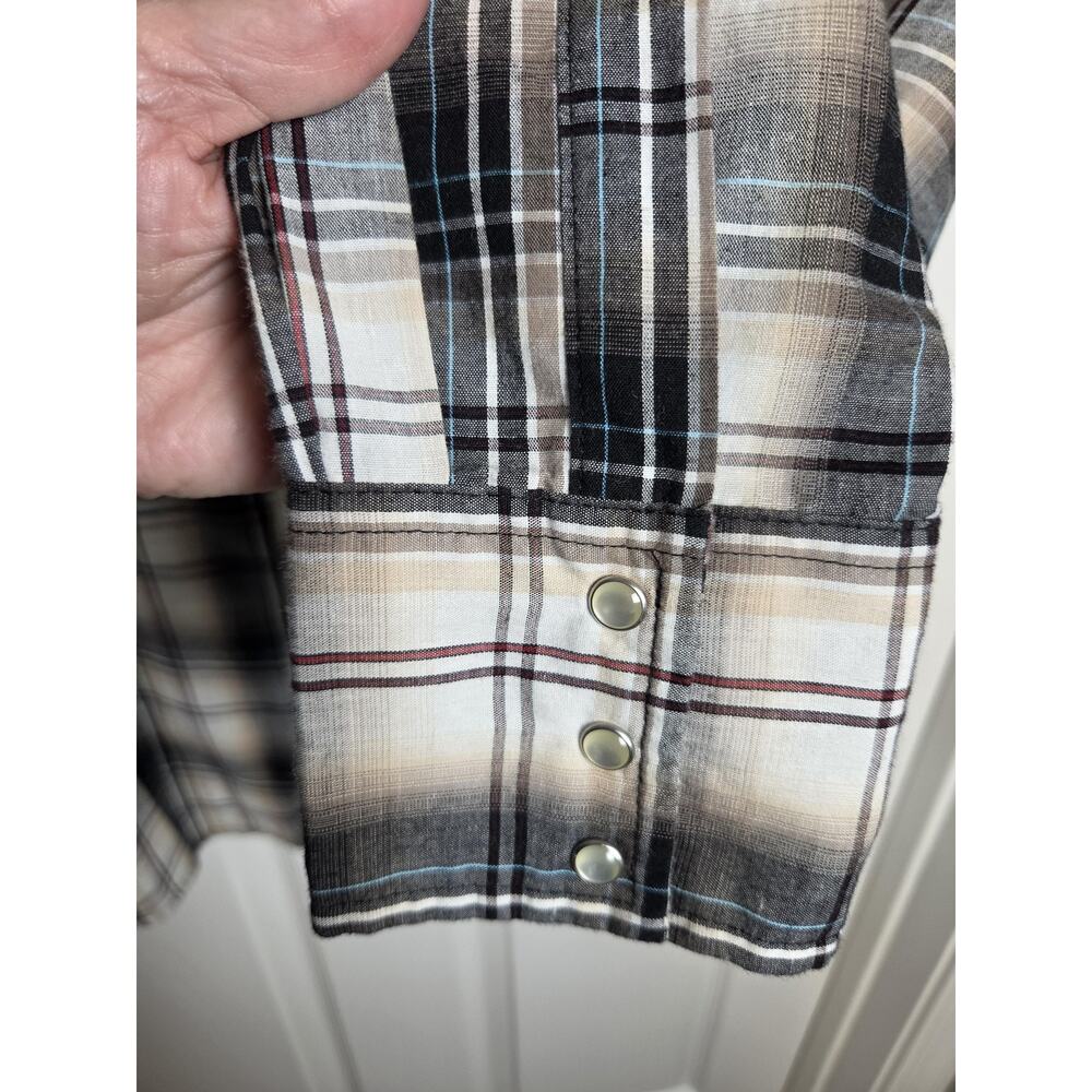 Wrangler Shirt Mens Large Beige Black Plaid Western Snap Pockets Long Sleeve - Picture 3 of 8